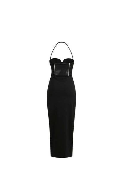 Chic Black Halter Maxi Dress with Zipper Slit