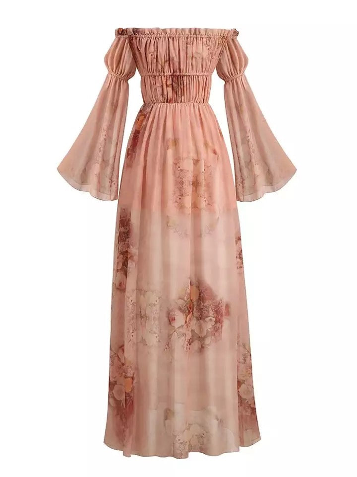 Elegant Off-the-Shoulder Floral Chiffon Dress
