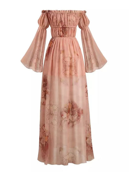 Elegant Off-the-Shoulder Floral Chiffon Dress