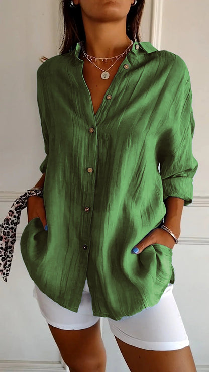 Women's Pleated Button-Up Shirt with Long Sleeves
