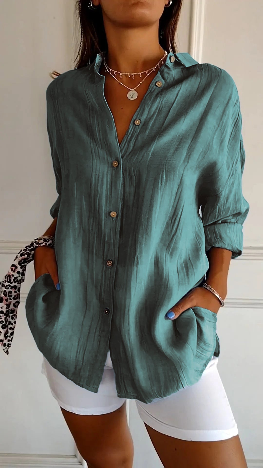 Women's Pleated Button-Up Shirt with Long Sleeves