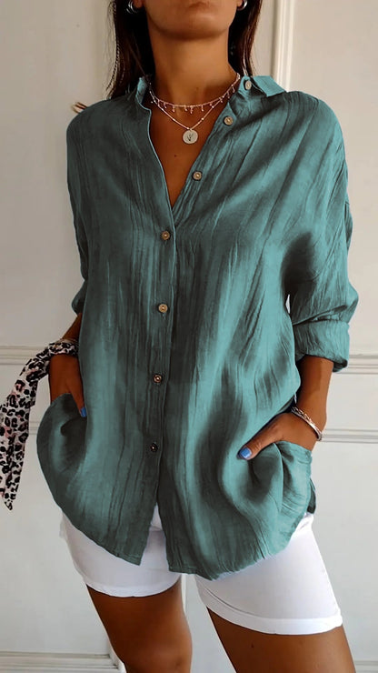 Women's Pleated Button-Up Shirt with Long Sleeves