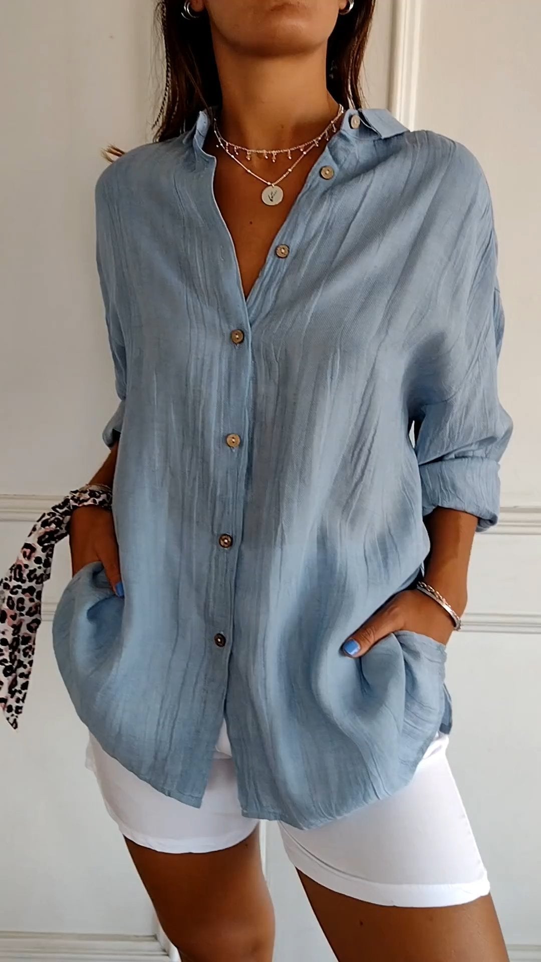 Women's Pleated Button-Up Shirt with Long Sleeves