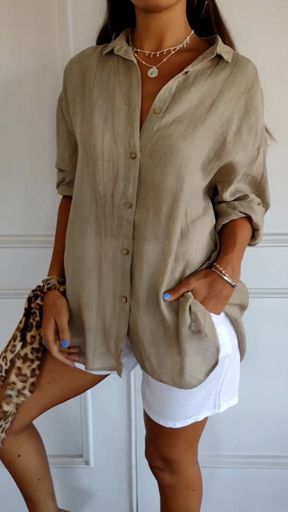 Women's Pleated Button-Up Shirt with Long Sleeves