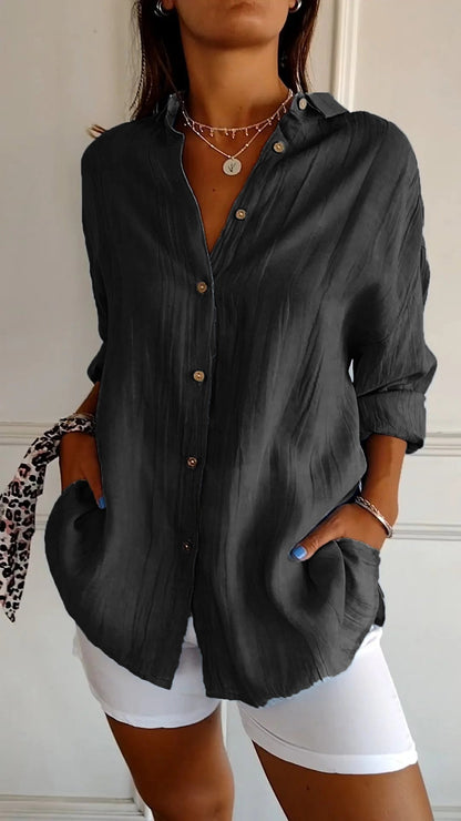 Women's Pleated Button-Up Shirt with Long Sleeves