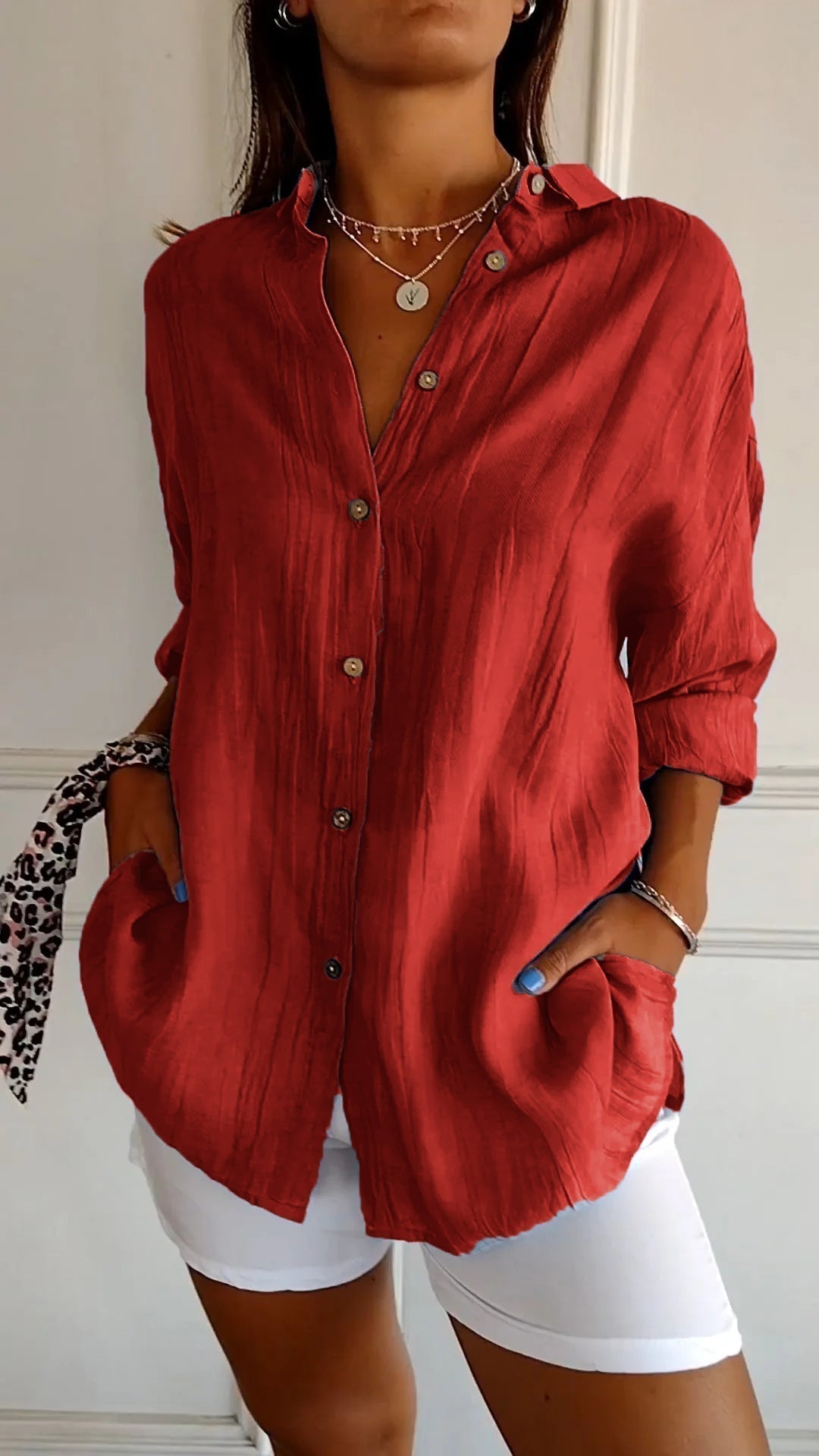Women's Pleated Button-Up Shirt with Long Sleeves