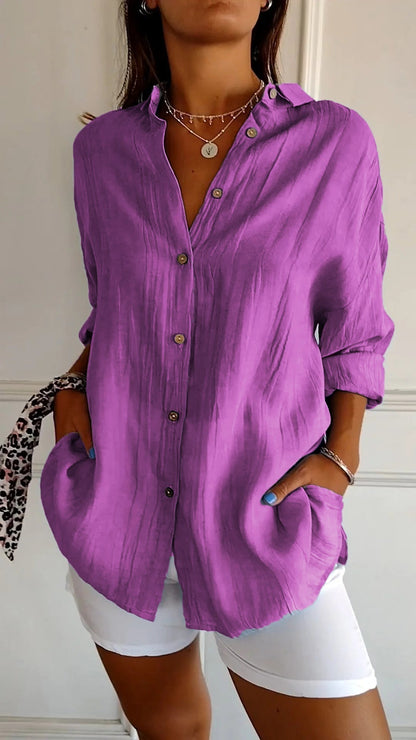 Women's Pleated Button-Up Shirt with Long Sleeves