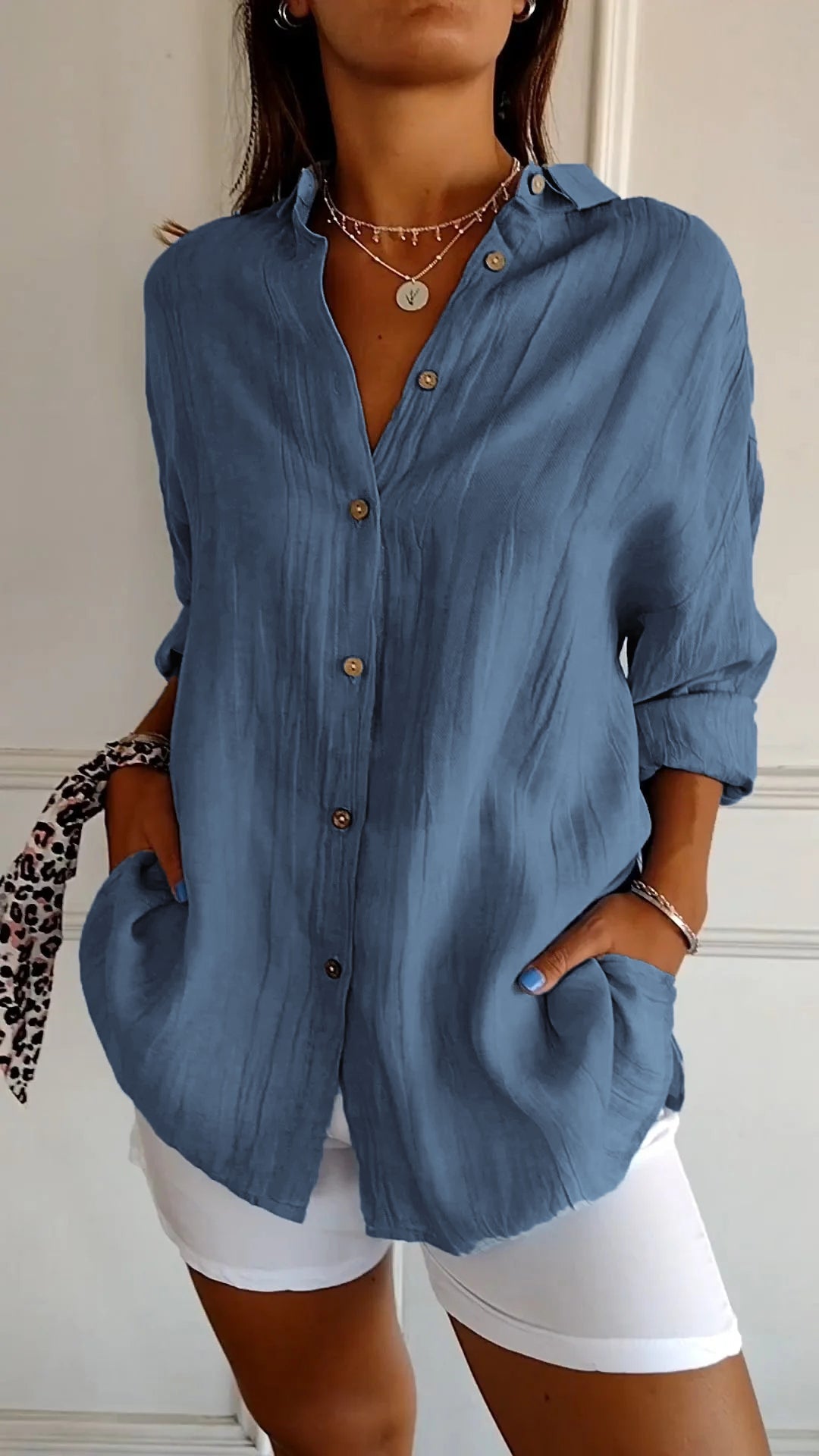 Women's Pleated Button-Up Shirt with Long Sleeves