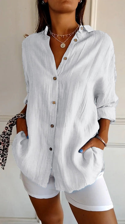 Women's Pleated Button-Up Shirt with Long Sleeves