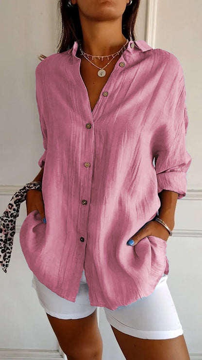 Women's Pleated Button-Up Shirt with Long Sleeves