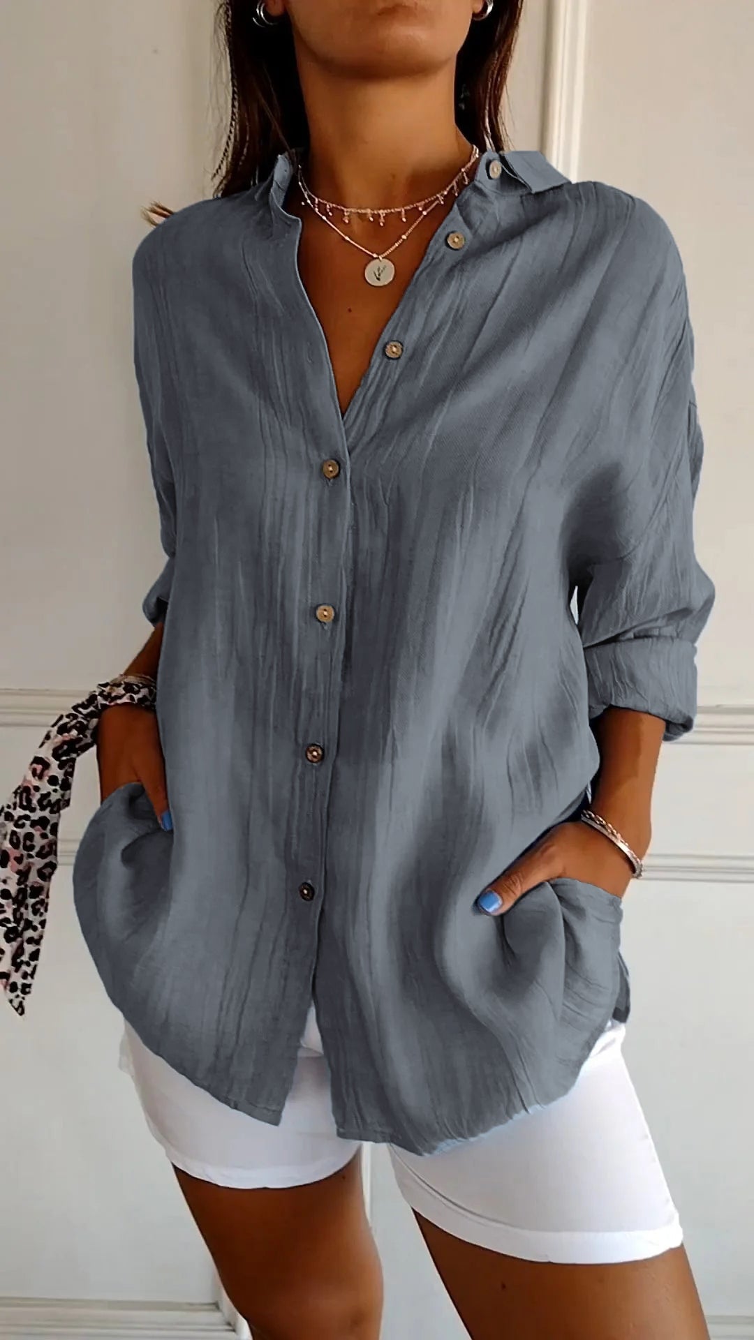 Women's Pleated Button-Up Shirt with Long Sleeves