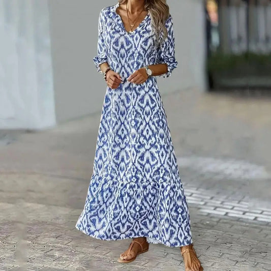 Maxi Dress with White and Blue Pattern – Flowing Fit