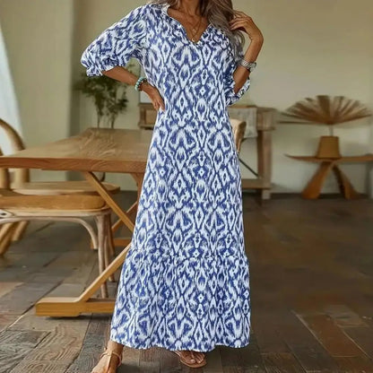Maxi Dress with White and Blue Pattern – Flowing Fit