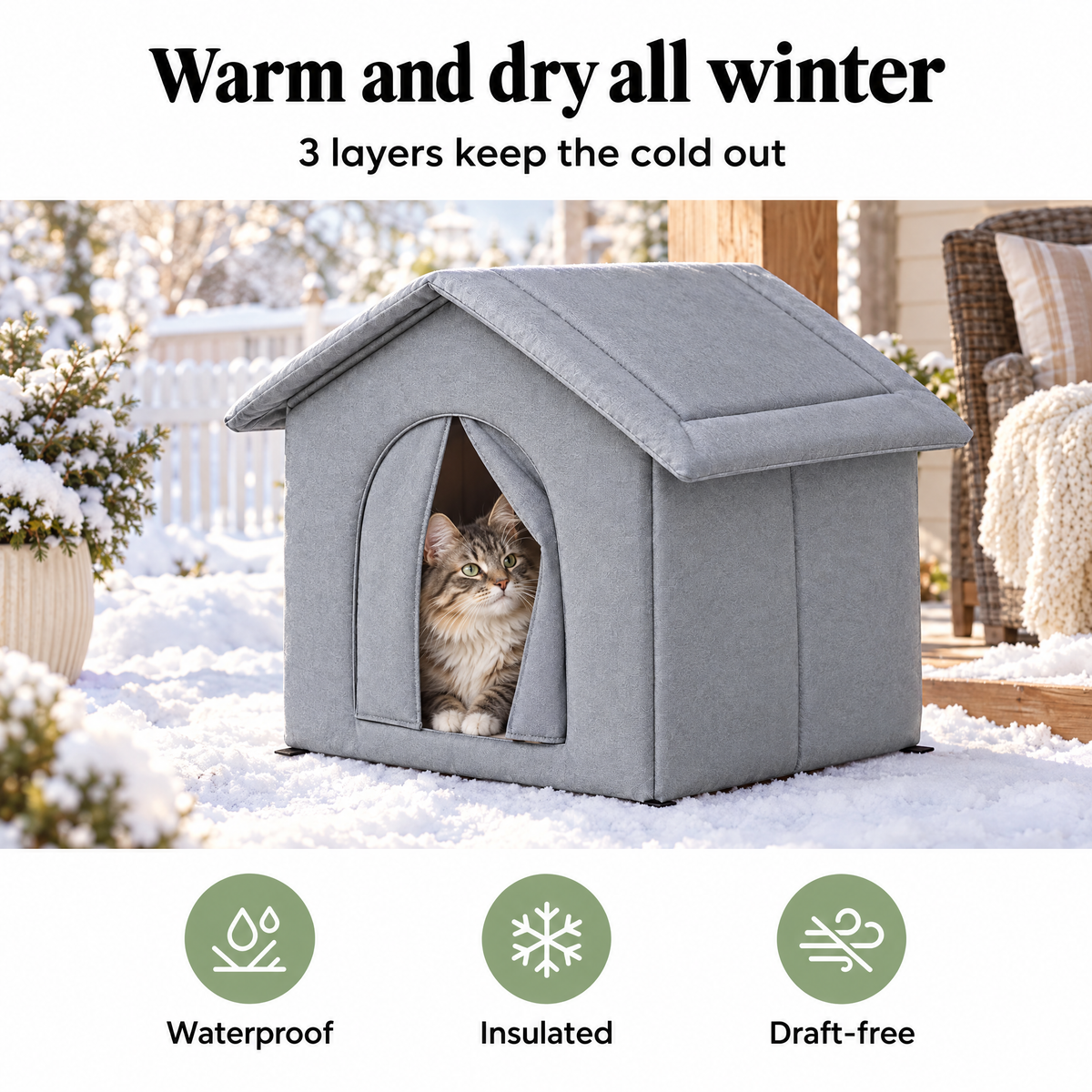 Insulated outdoor cat house for winter, waterproof and draft-free