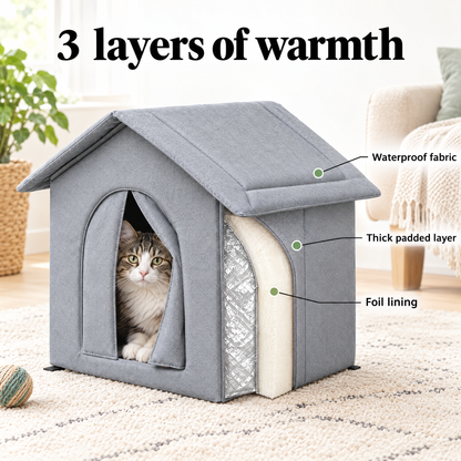 Outdoor cat house with 3-layer insulation and foil lining