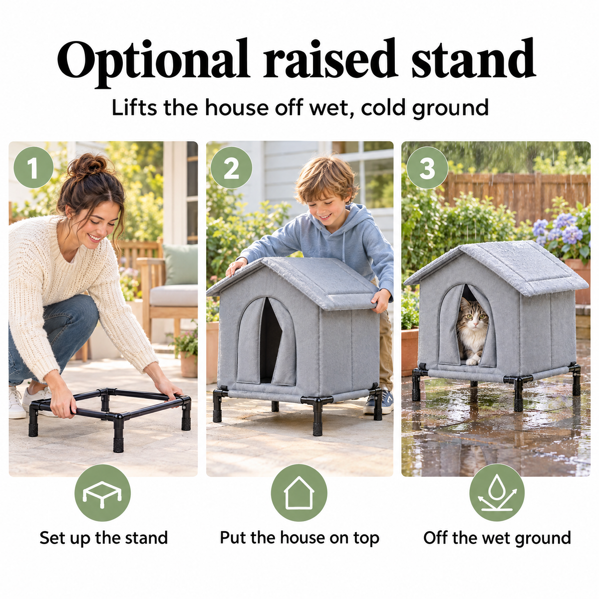 Outdoor cat house with optional raised stand