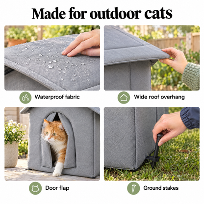 Outdoor cat house details: waterproof fabric, roof overhang, door flap, ground stakes