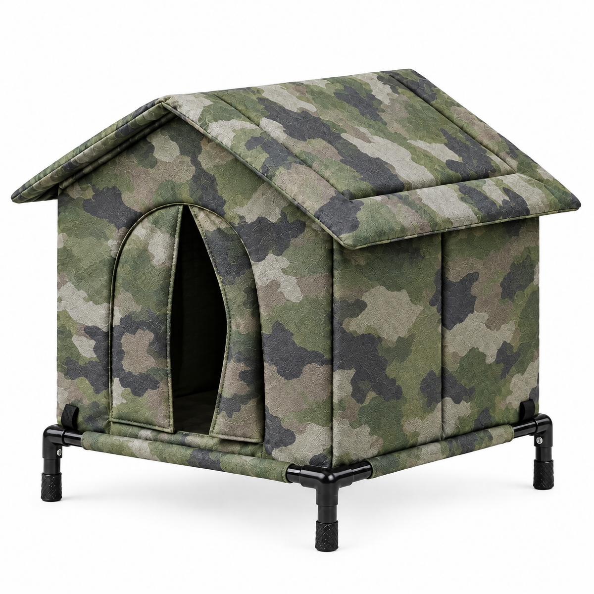 Outdoor cat house with raised stand, camo