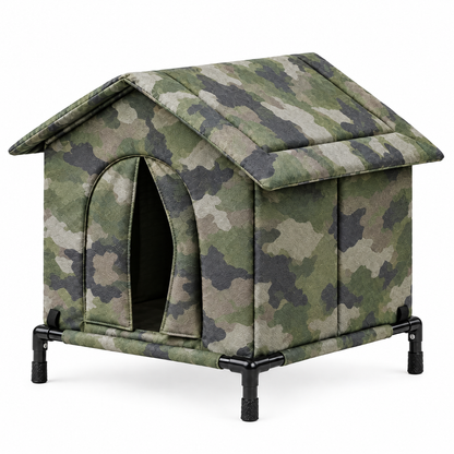Outdoor cat house with raised stand, camo