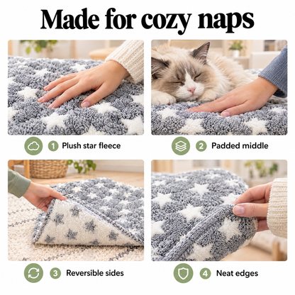 Pet bed mat details: plush star fleece, padded middle, reversible