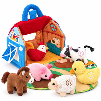Plush barn with farm animals and farm play mat