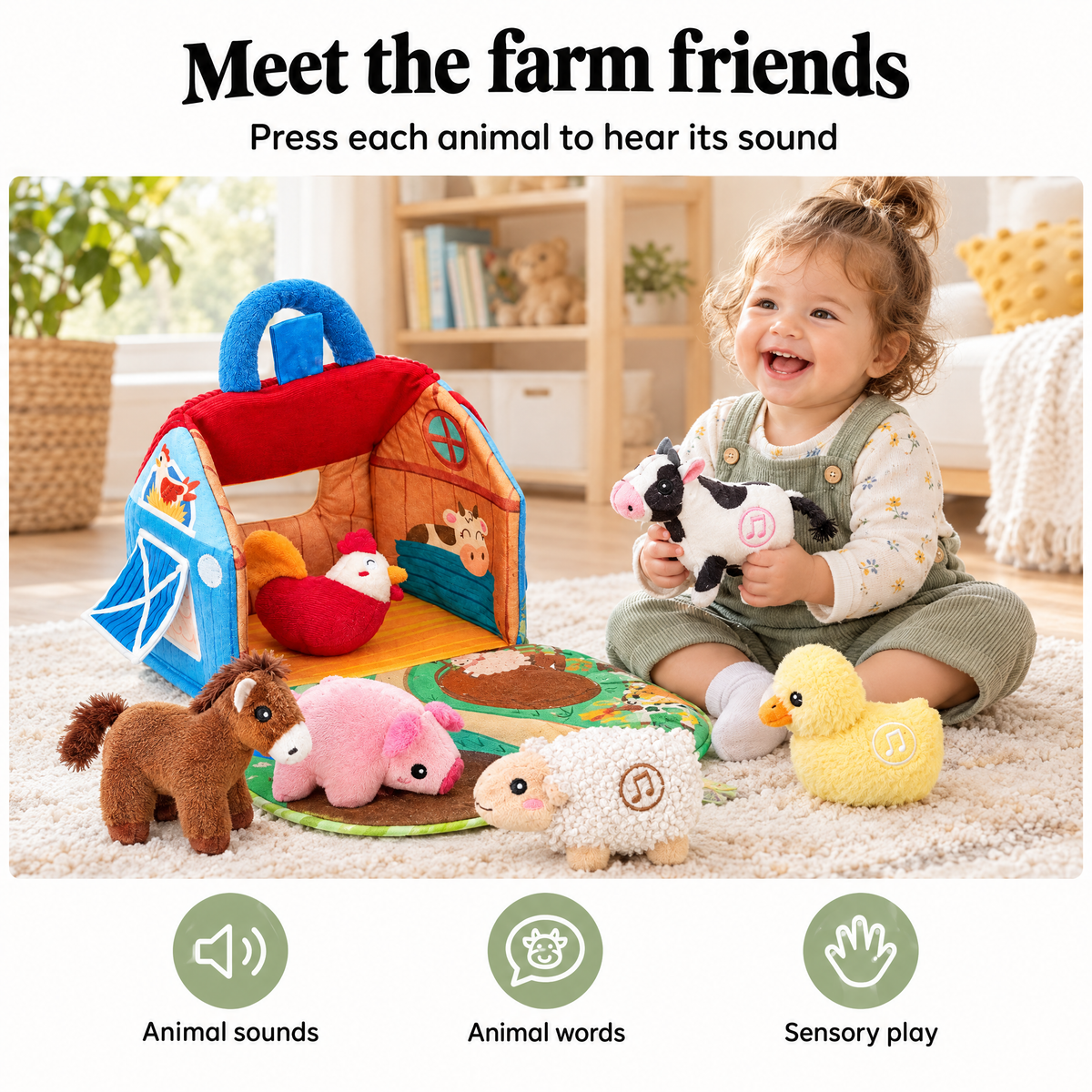 Baby playing with the plush barn and farm animals
