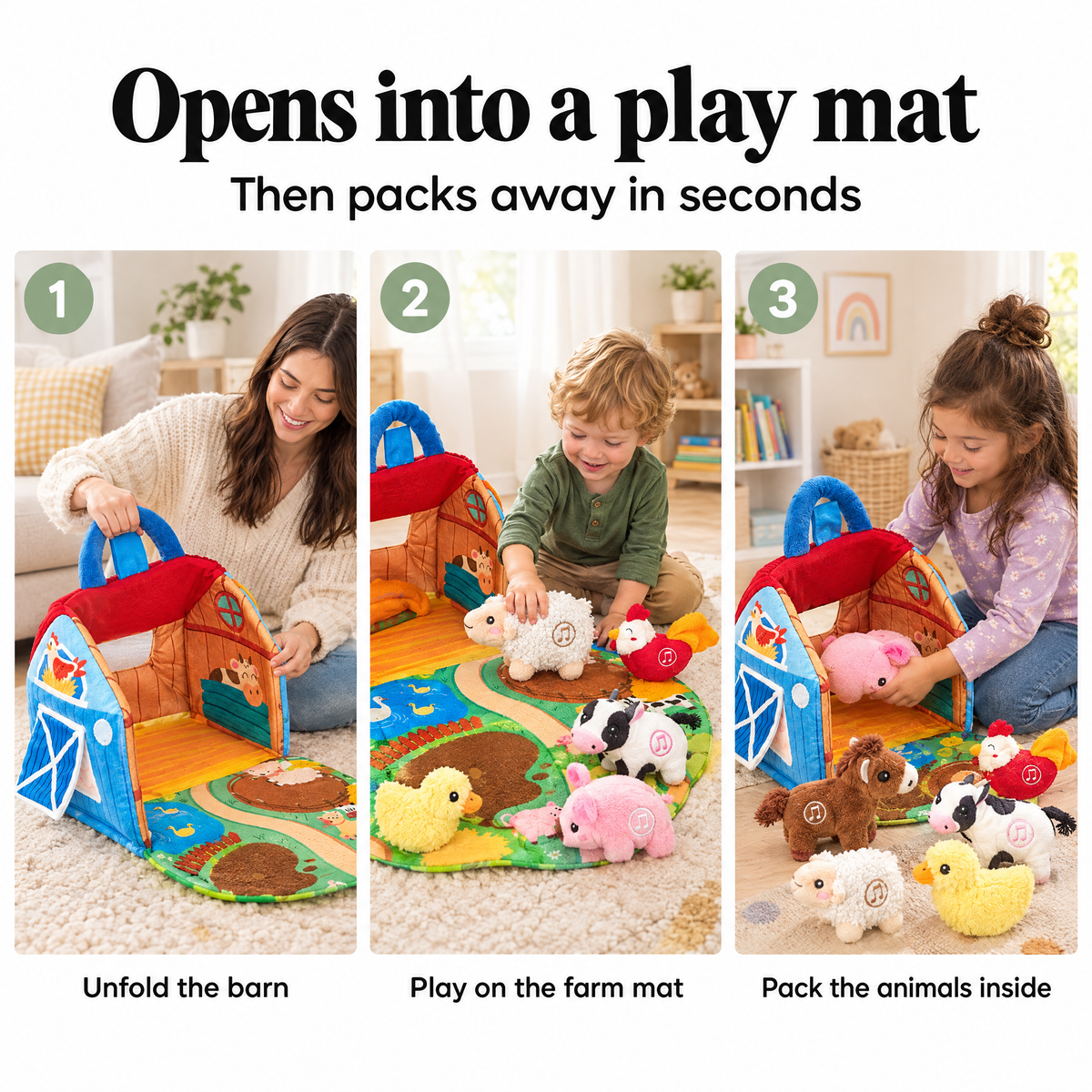 Soft barn toy opens into a farm play mat
