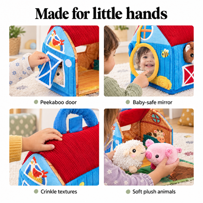 Soft barn toy with peekaboo door, mirror and crinkle textures