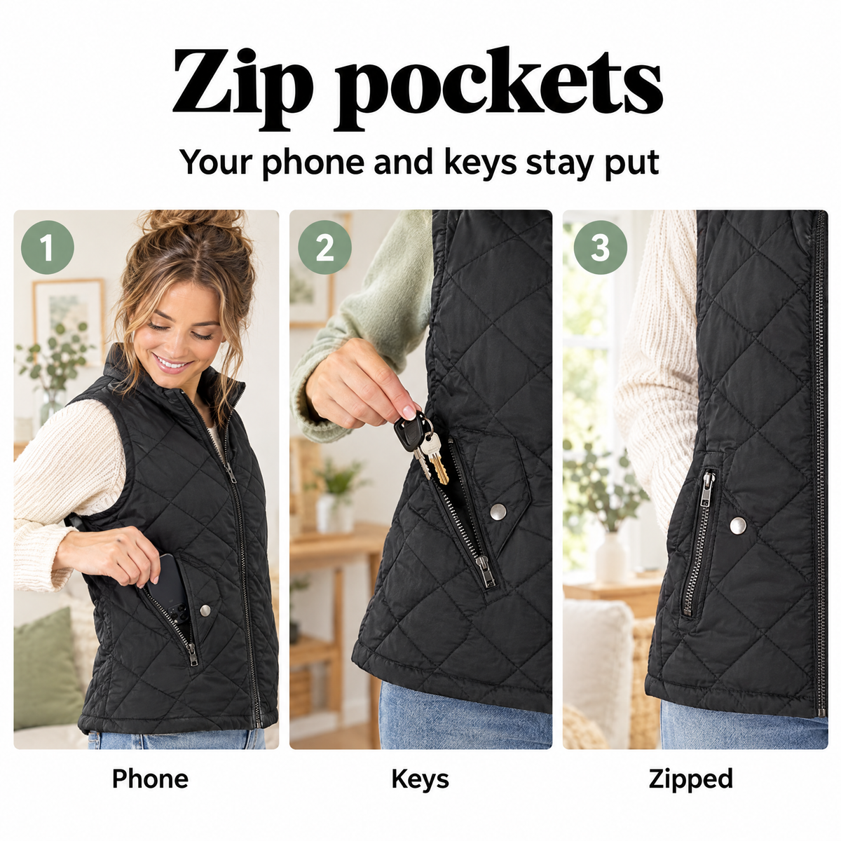 Quilted vest for women – zip pockets