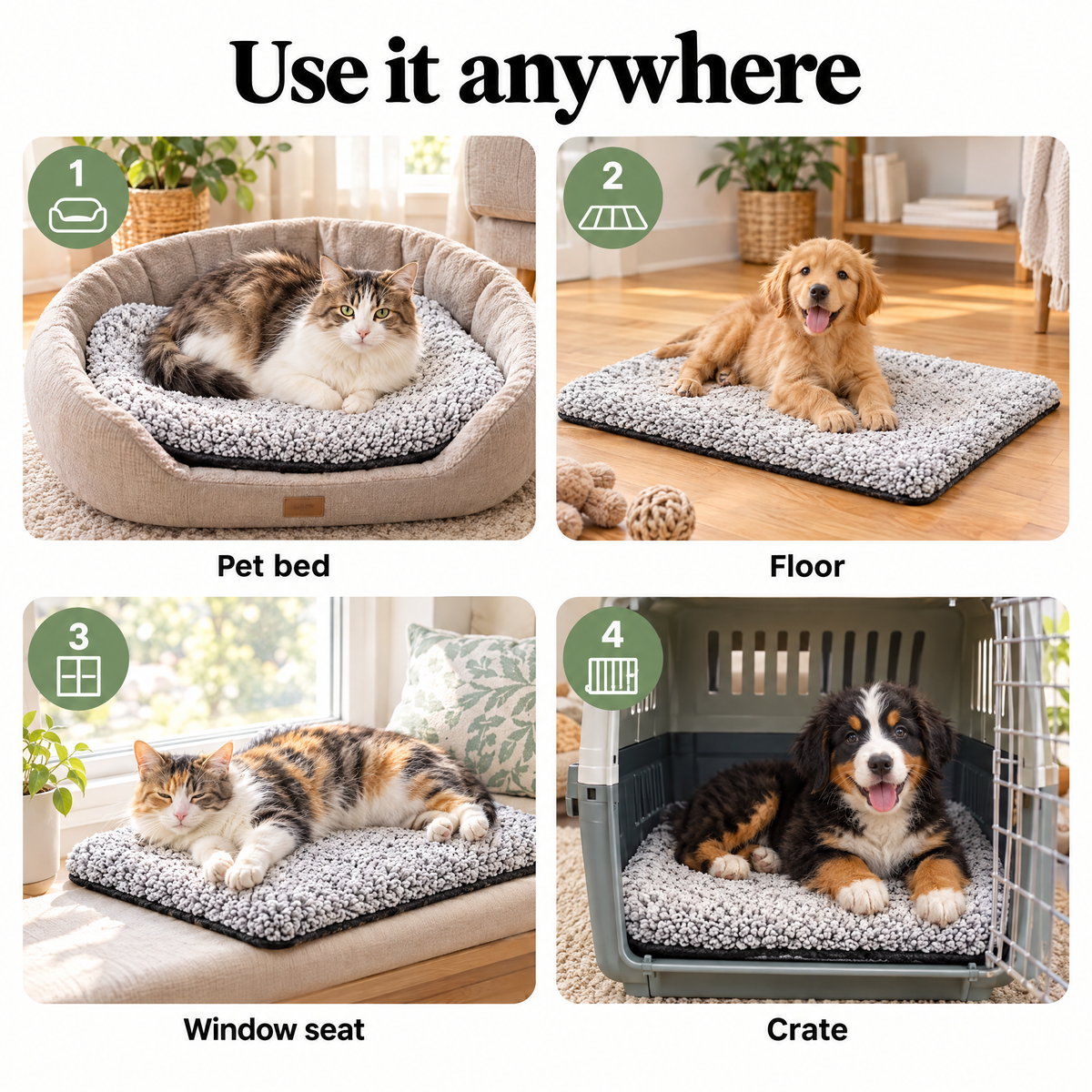 Self-warming mat for pet bed, floor, window seat and crate