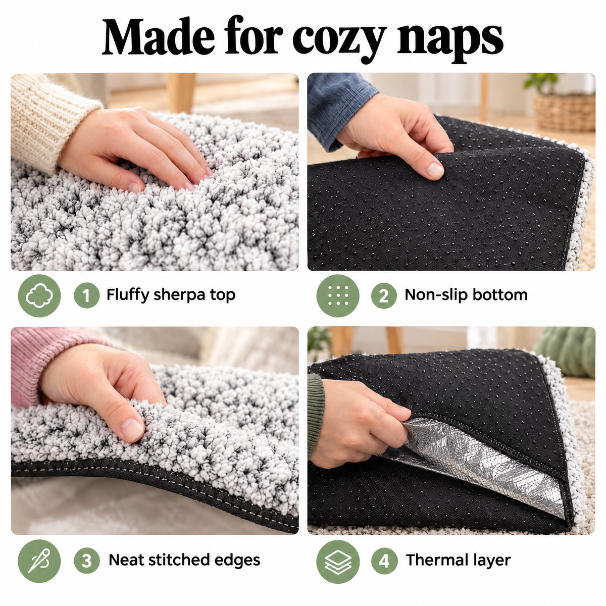 Self-warming mat details: sherpa top, non-slip bottom, stitched edges