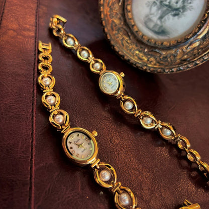 Vintage Gold Watch with Pearl Detailing