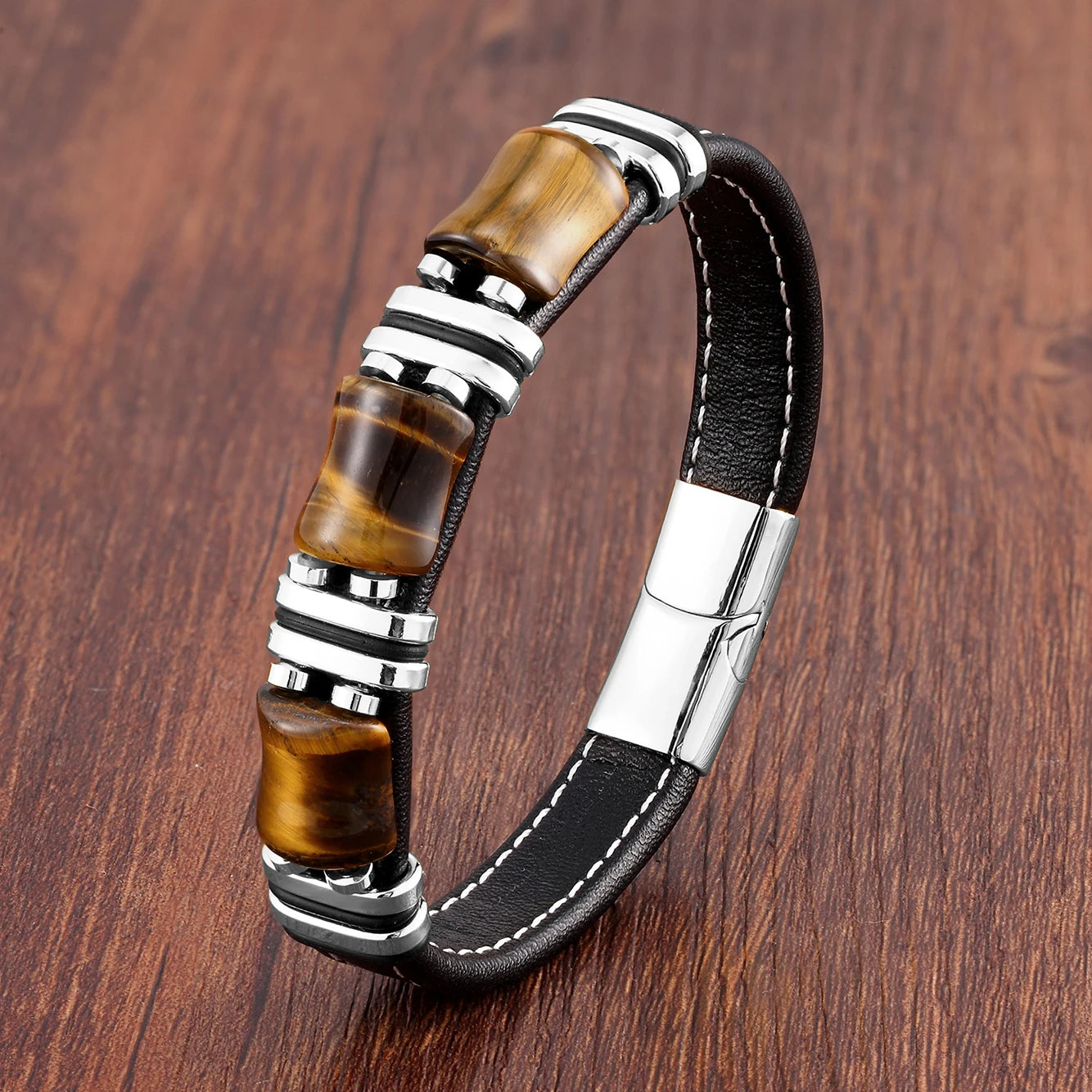TIGER EYE – Natural Stone Leather Bracelet